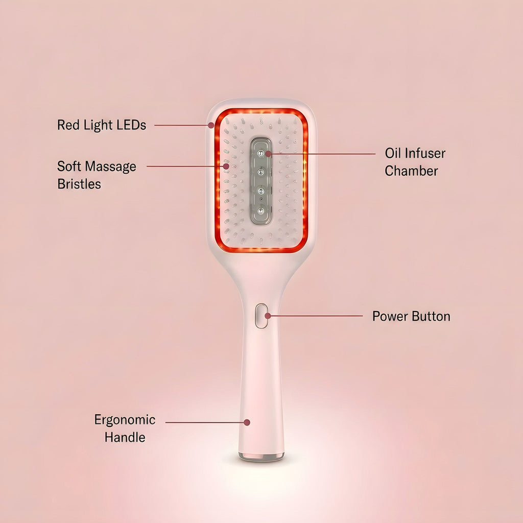 Labelled diagram of the Elara Red Light Brush: red light LEDs, soft massage bristles, oil infuser chamber, power button and ergonomic handle.