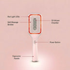Labelled diagram of the Elara Red Light Brush: red light LEDs, soft massage bristles, oil infuser chamber, power button and ergonomic handle.