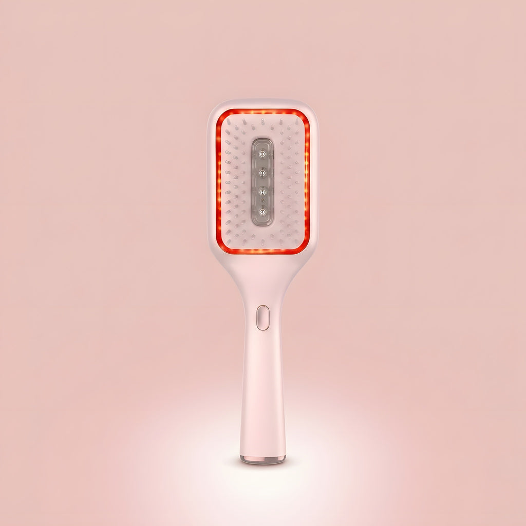 Elara Red Light Brush shown upright, white paddle brush with a glowing red LED ring around the bristles.